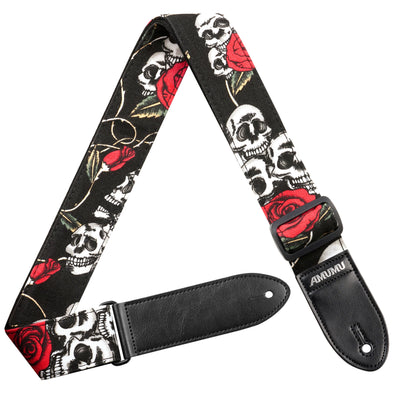 AMUMU Skull Rose Guitar Strap – 2" Wide Printed Cotton Strap with Leather Ends & Gift Accessories for Electric, Acoustic & Bass Guitars DN01P